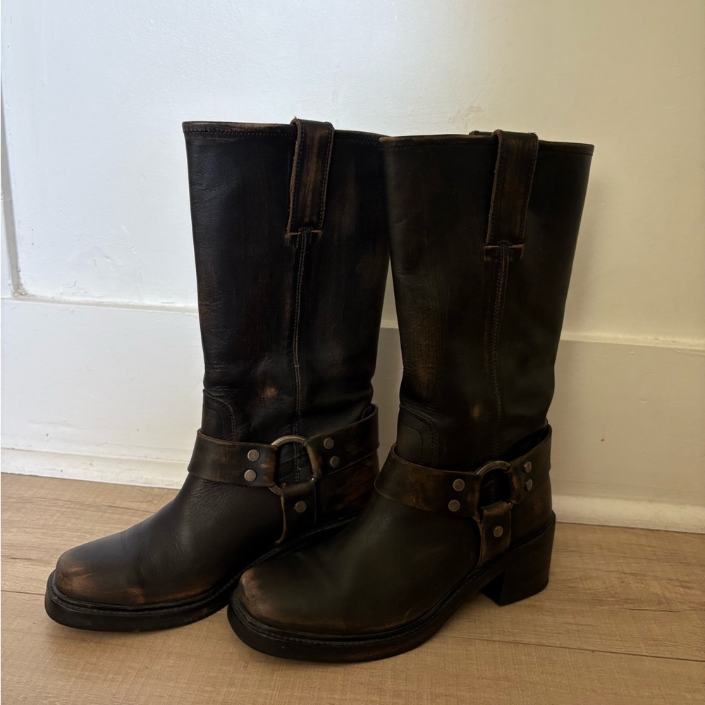 Frye Distressed Brown Leather Harness Mid-Calf Boot with Block Heel - Picture 4 of 6